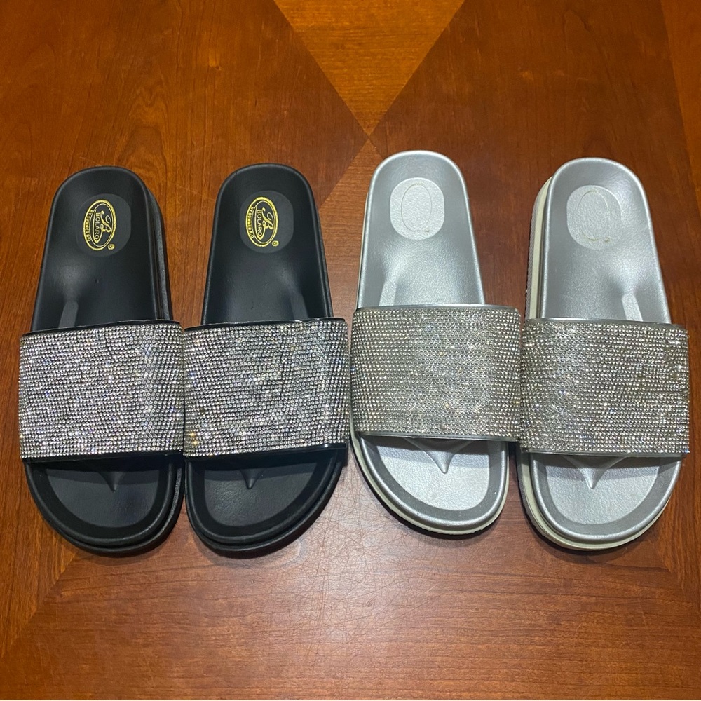 Women’s Rhinestones slide on sandals black silver 2 pairs size 40 (Q)